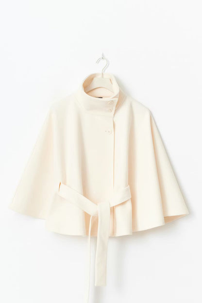 Women's Elegant Batwing Sleeve Trench Coat - High-Neck Woolen Cape Jacket with Waist Belt