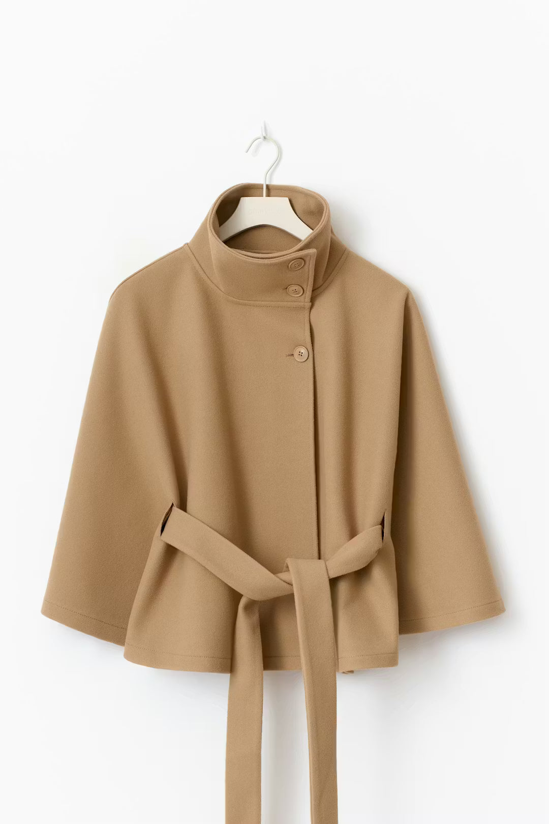 Women's Elegant Batwing Sleeve Trench Coat - High-Neck Woolen Cape Jacket with Waist Belt