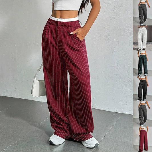 Women's High-Waist Vertical Stripe Trousers - Wide-Leg Straight Pants with Pockets
