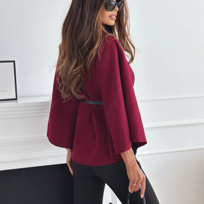 Women's Elegant Woolen Cloak Top - High-Neck Batwing Sleeve Cape Jacket with Adjustable Belt