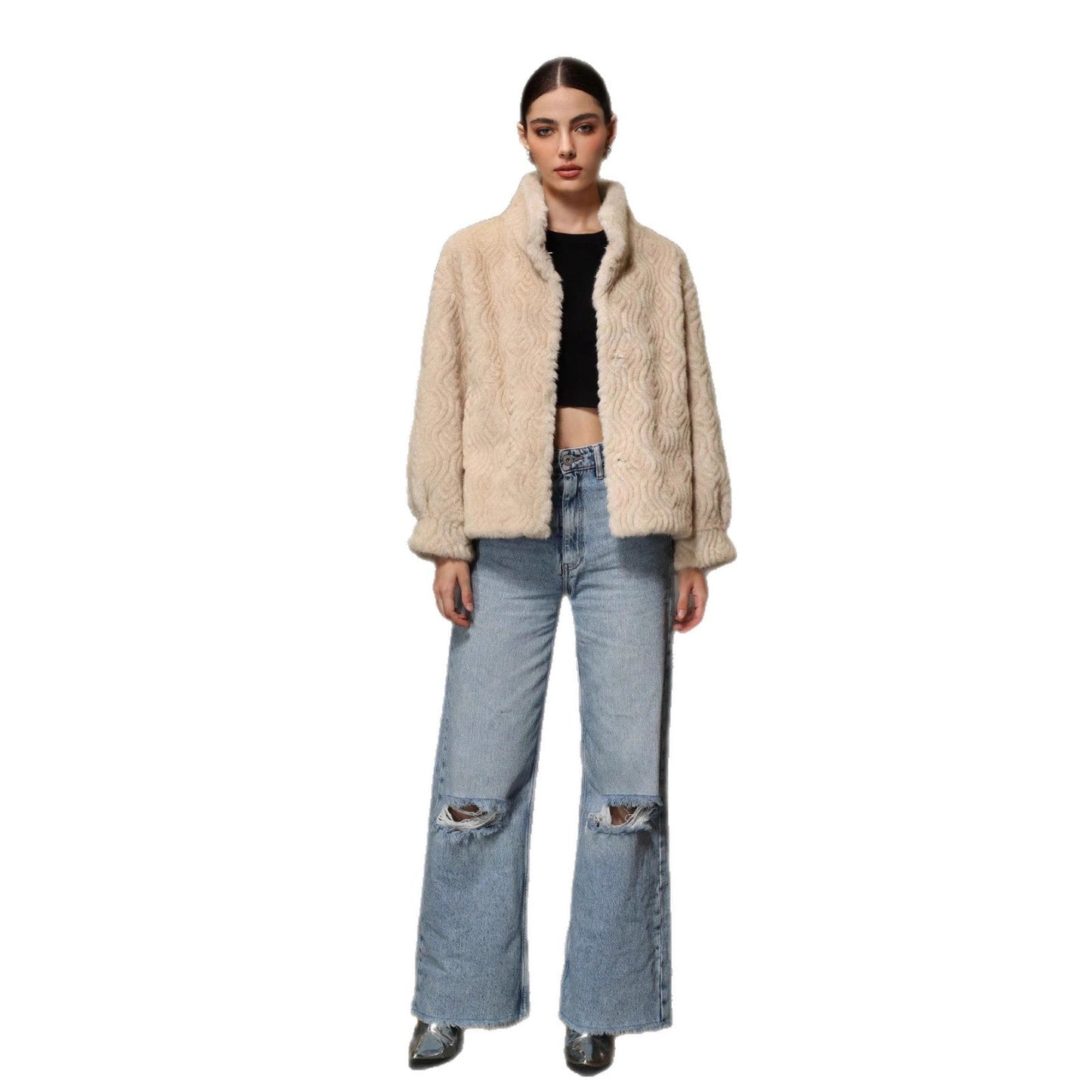 Luxurious High Neck Faux Fur Plush Winter Coat for Women - Cream Textured Warm Jacket