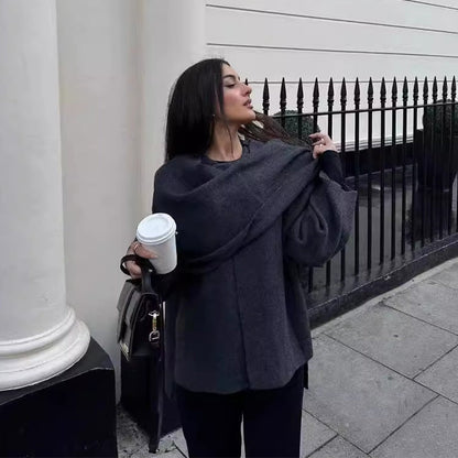 Women's Knitted Winter Cardigan - Elegant Short Coat with Asymmetrical Scarf Collar