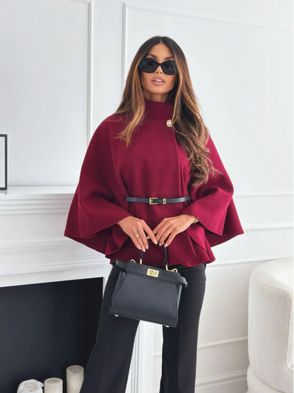 Women's Elegant Woolen Cloak Top - High-Neck Batwing Sleeve Cape Jacket with Adjustable Belt